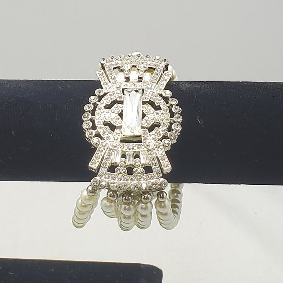 ALI KHAN bridal vintage look 5 row clear rhinestone crystal & white pear… - Picture 5 of 6